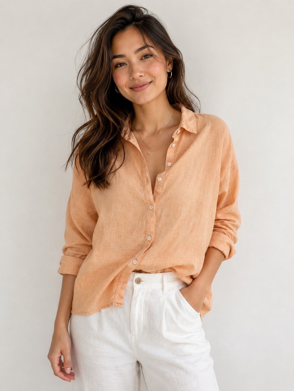 J. Jill Peach Button-Down Love Linen Shirt Sz. L